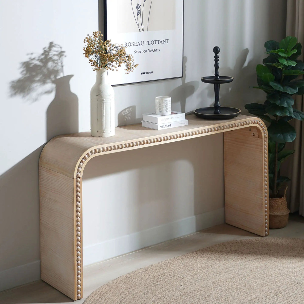Waterfall Console Table | 59 Inch Width | Wood Trim Accent | Farmhouse Finish
