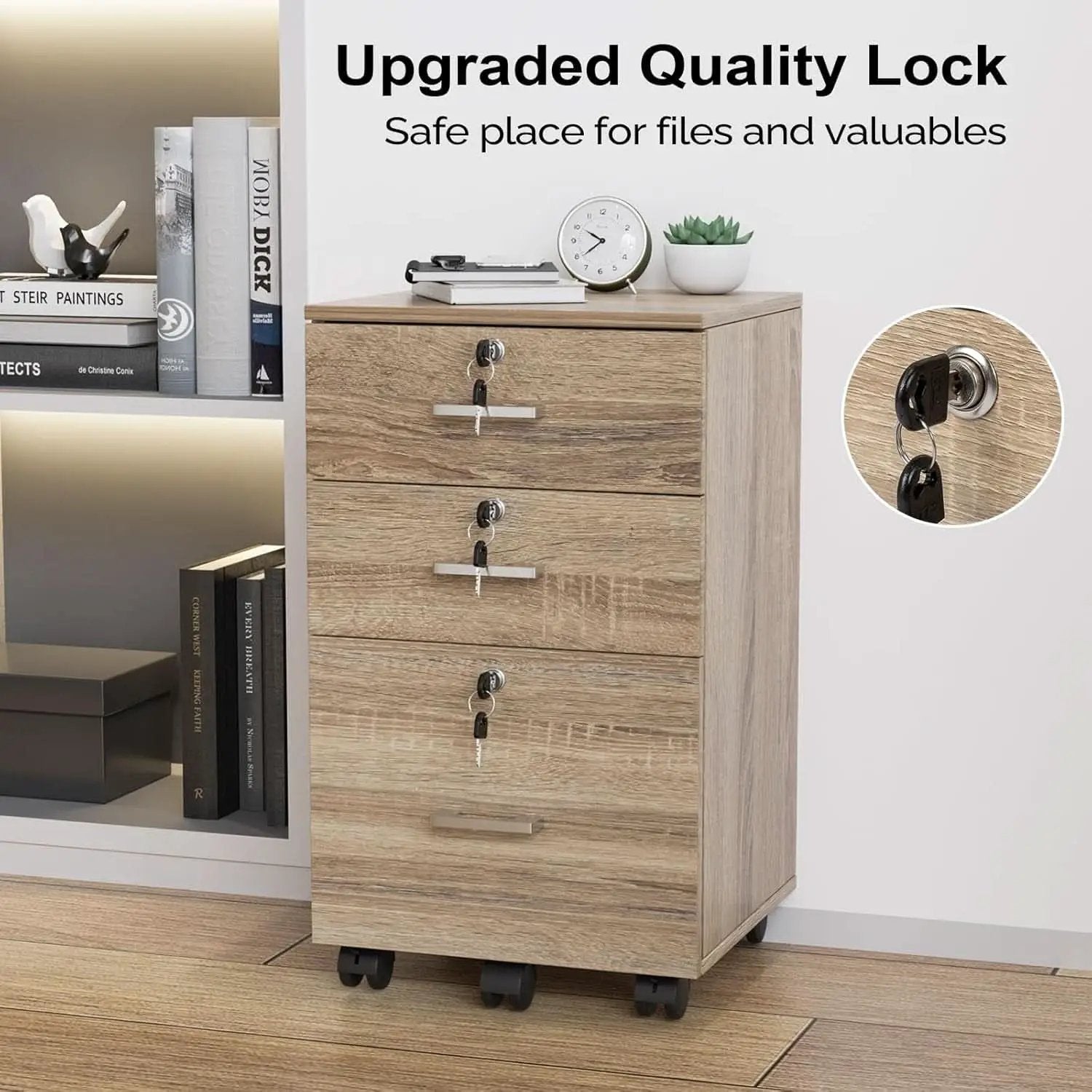Oak 3 Drawer File Cabinet With Lock Rolling Printer Stand from PriceLows™