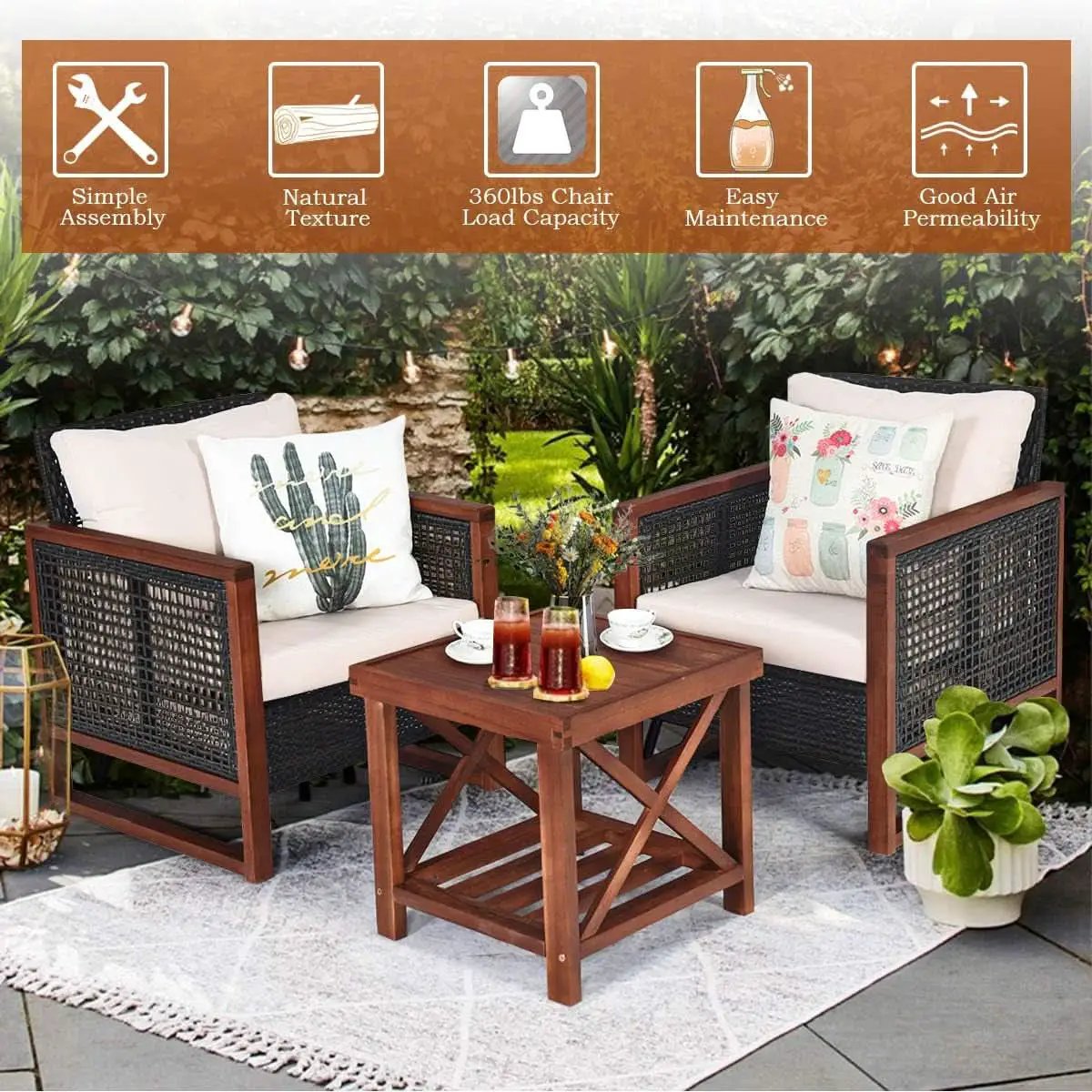 3 Piece Patio Wicker Furniture Set With Beige Washable Cushions And Acacia Wood Coffee Table from PriceLows™
