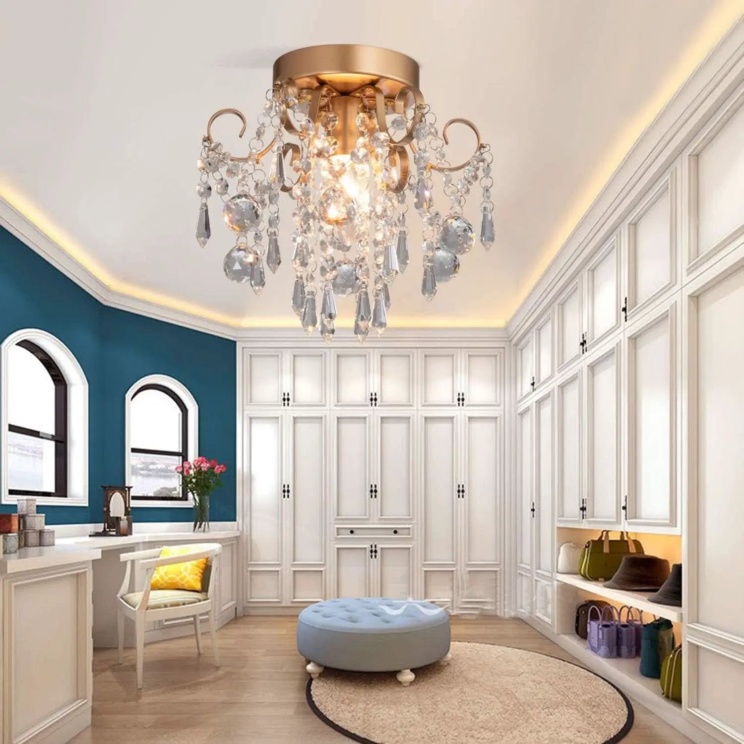 Mini Crystal Chandelier Flush Mount Gold Ceiling Light from PriceLows™