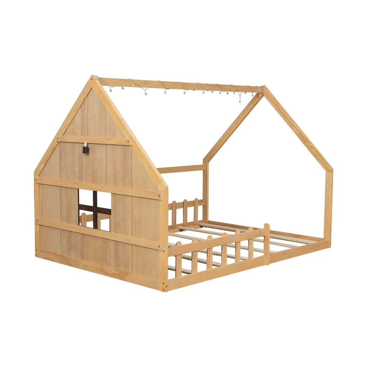 Platform House Bed | Window And Fence Design | Solid Pine Wood | Built-In LED Light