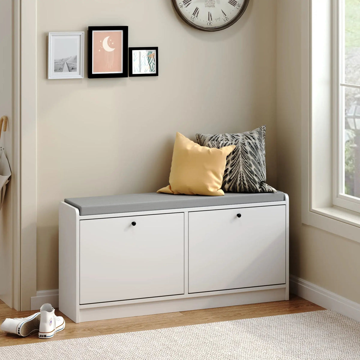 Shoe Storage Bench | Cushioned Seat | Adjustable Shelves | White