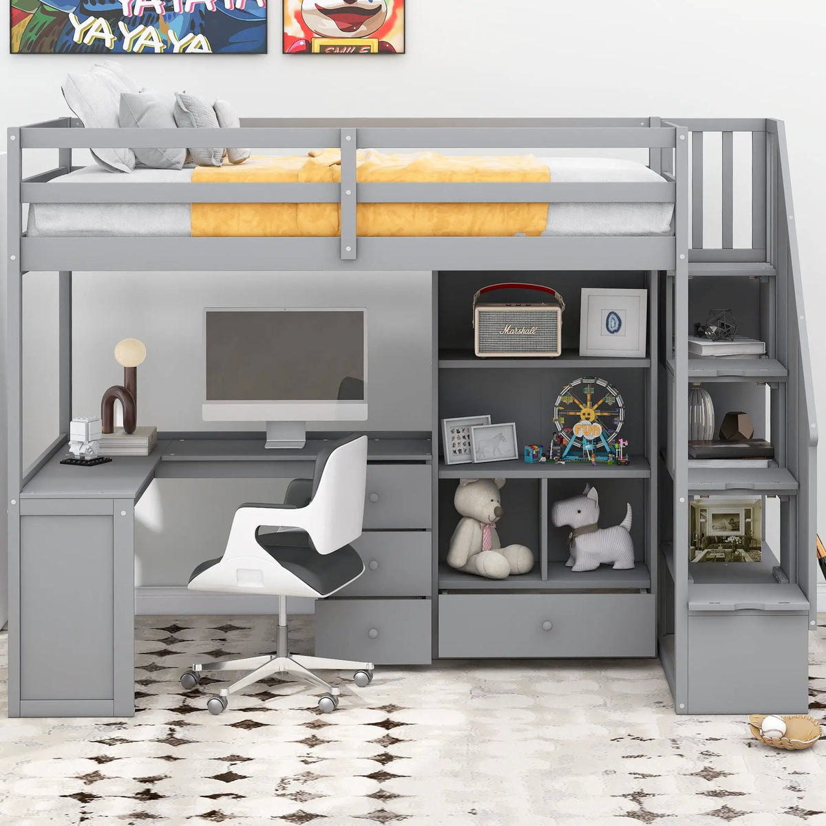Loft Bed | L Shaped Desk | Storage Staircase | Built In Drawers