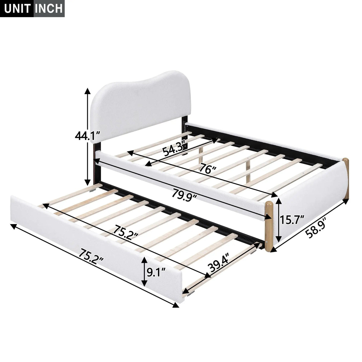 Upholstered Platform Bed | Trundle | Arc-Shaped Berber Fleece Headboard | Wood Supporting Feet
