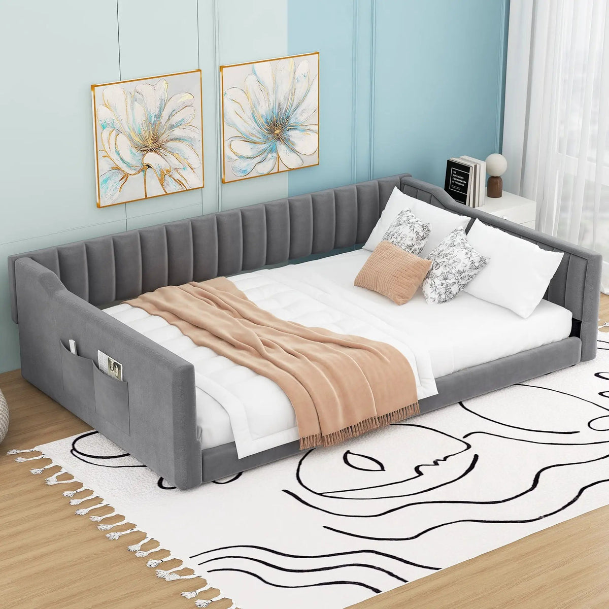 Compact Daybed | Side Storage Pocket | Vertical Stripe Upholstery | 87.8 Inch Length