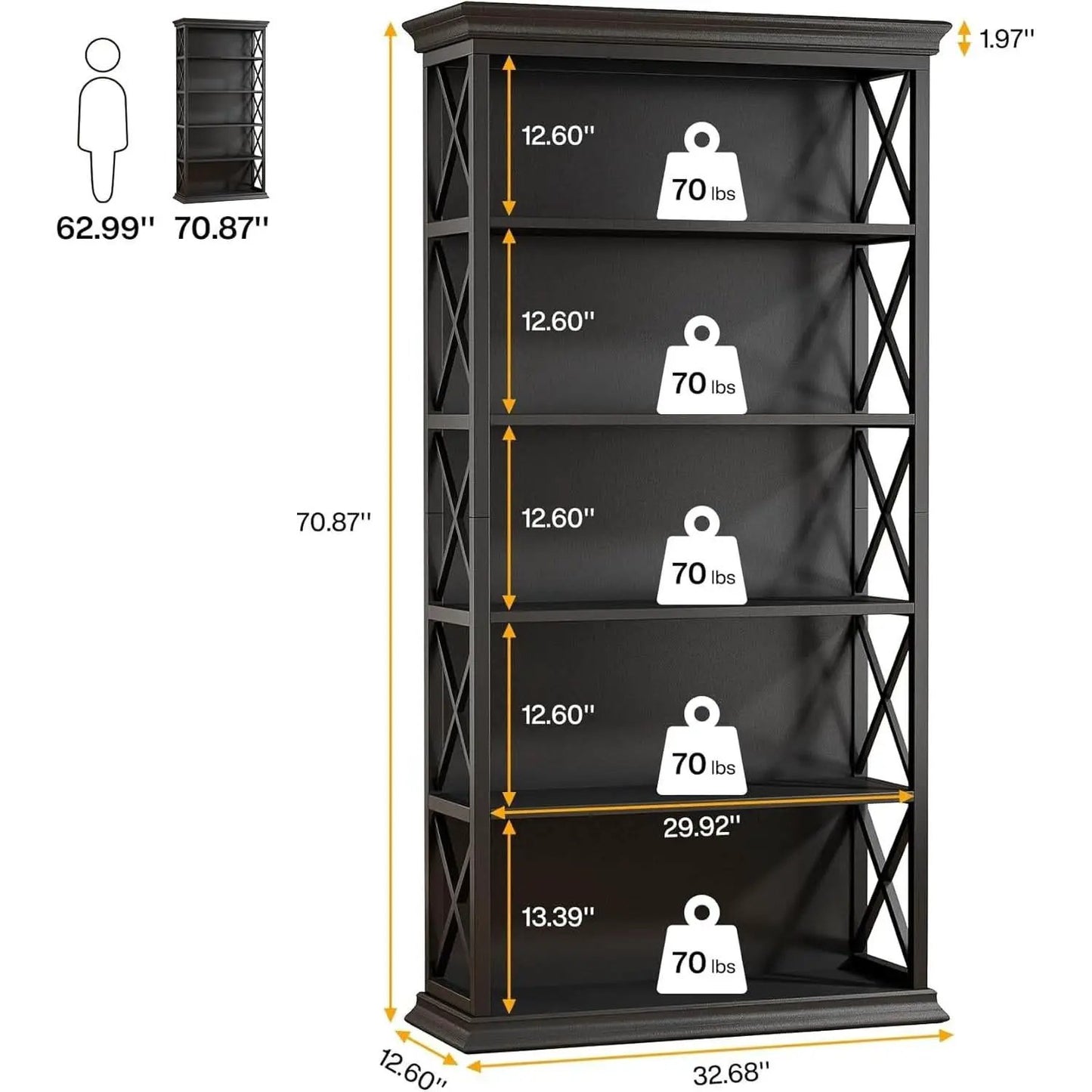 71 Inch 6 Tier Industrial Bookcase Floor Standing All Black from PriceLows™