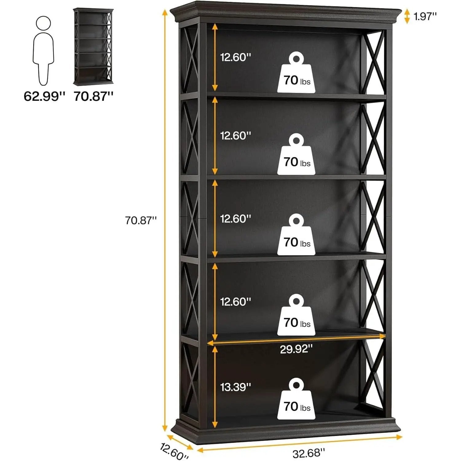 71 Inch 6 Tier Industrial Bookcase Floor Standing All Black from PriceLows™