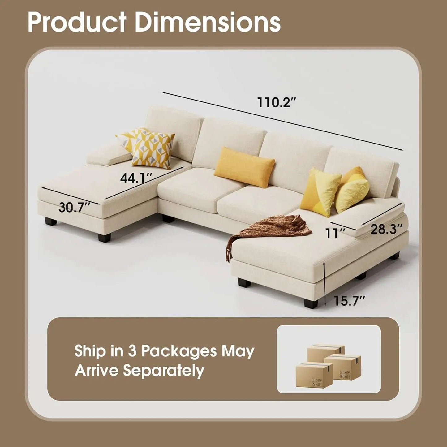 White Linen Sectional Sofa U Shaped 4 Seat Chaise Couch from PriceLows™