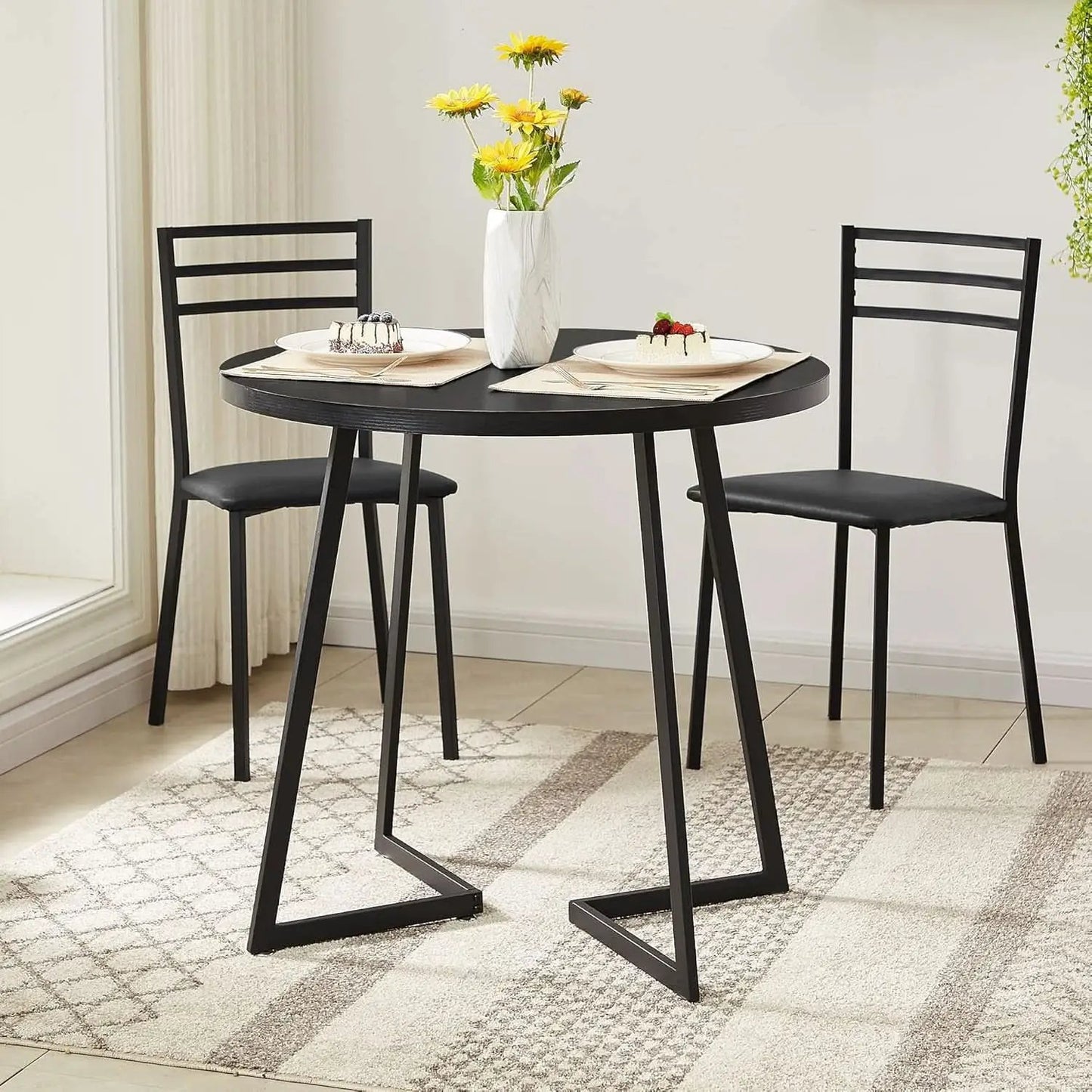 Round Black Woodgrain Top Dining Table With Steel Frame from PriceLows™