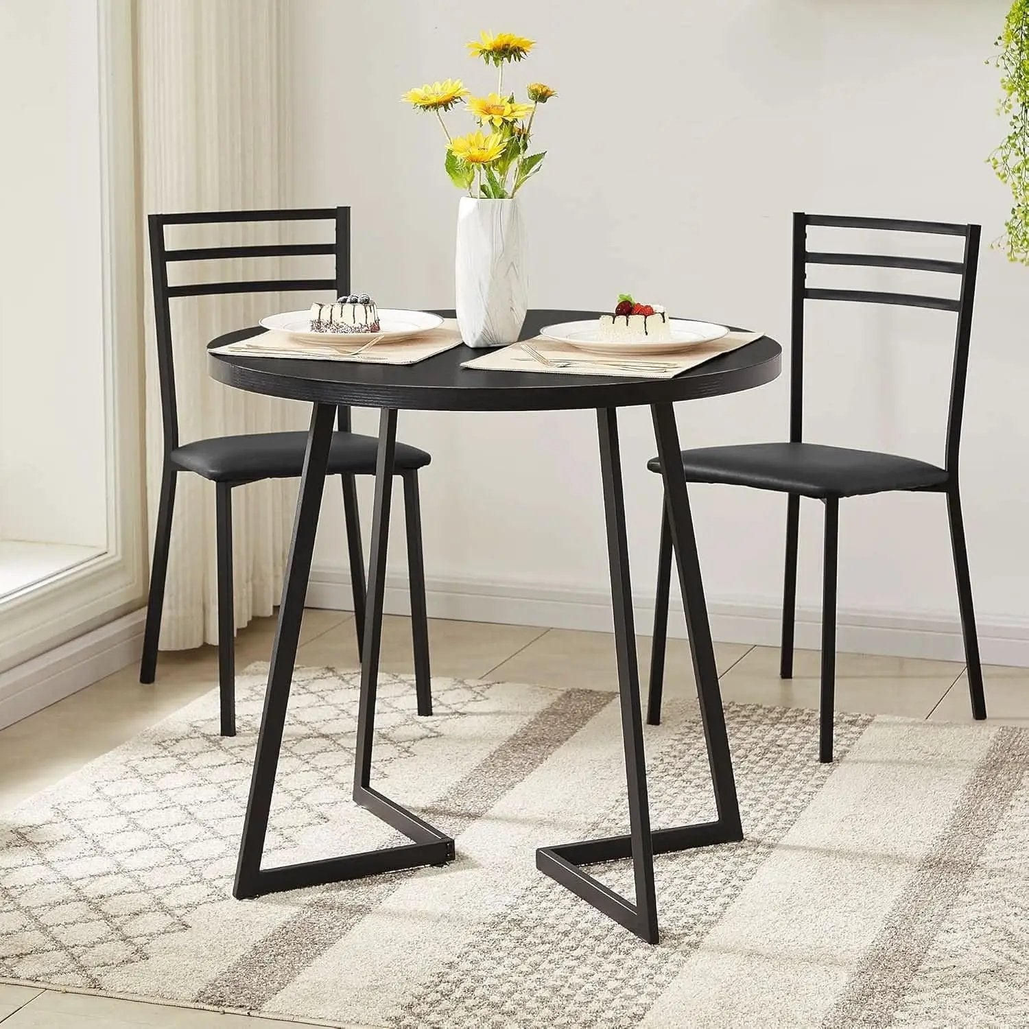 Round Black Woodgrain Top Dining Table With Steel Frame from PriceLows™