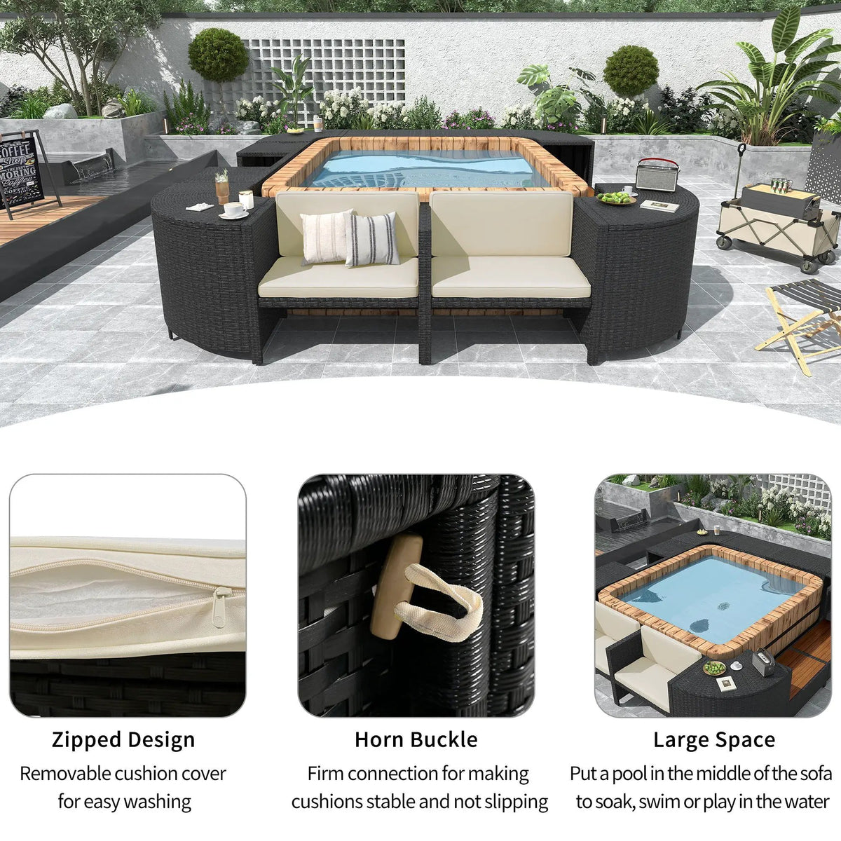 Outdoor Spa Surround Sofa | Rattan And Steel | Waterproof Cushions | 4 Piece
