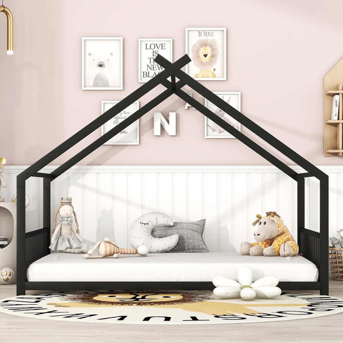 Metal House Bed | Roof Design | Semi-Enclosed Play Space | Contemporary Neutral Finish
