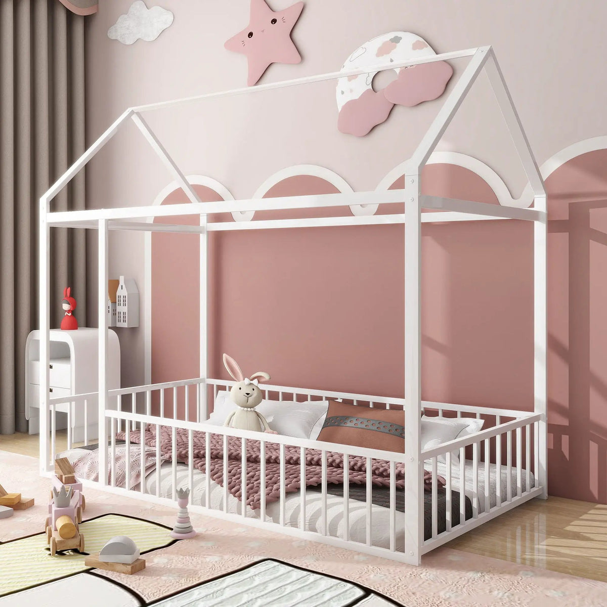 Kids Metal Bed Frame | Roof And Side Fence | Semi Enclosed Space | Three Colors