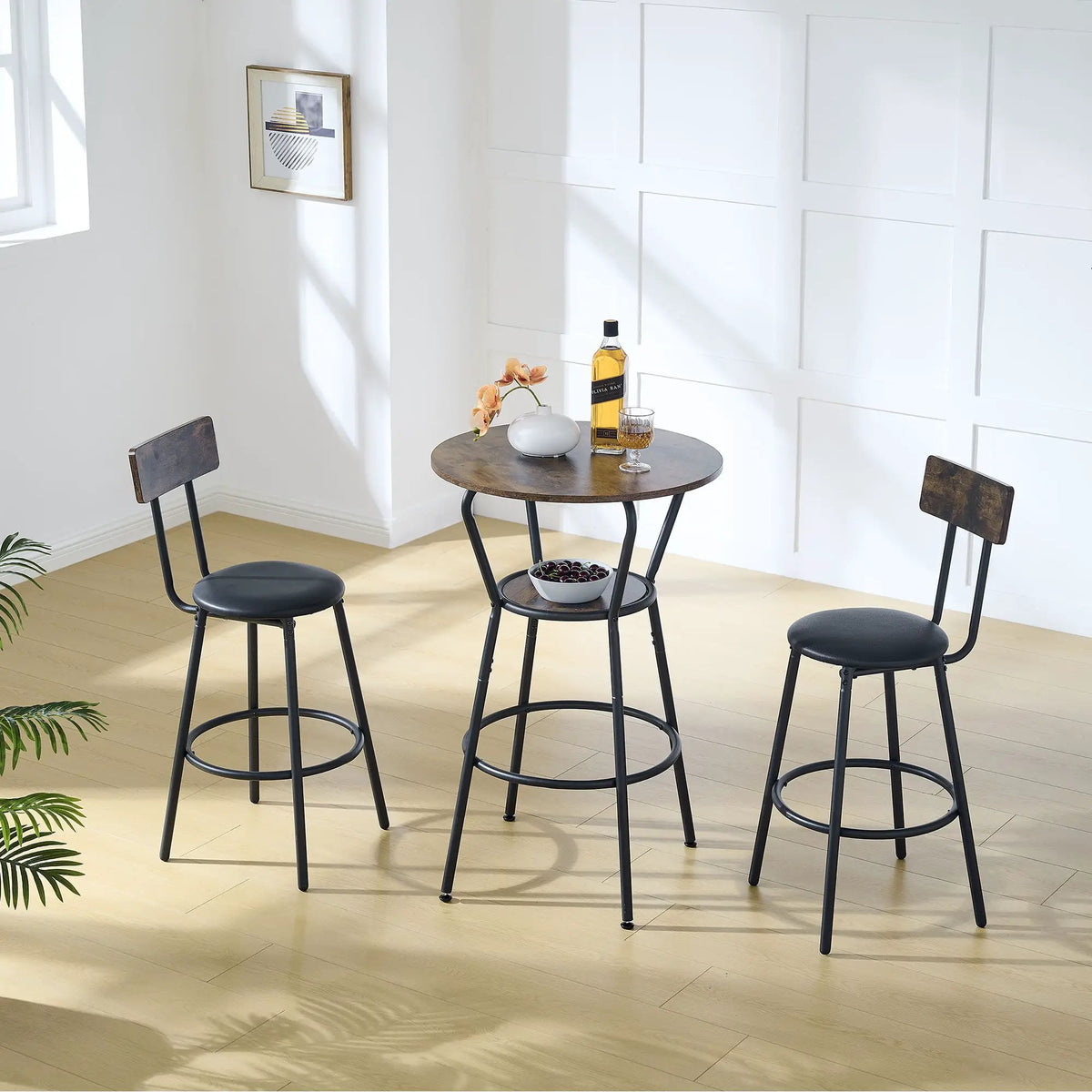 Round Bar Table And Stool Set | Rustic Antique Brown | Upholstered Backrest Stools | Shelf Storage