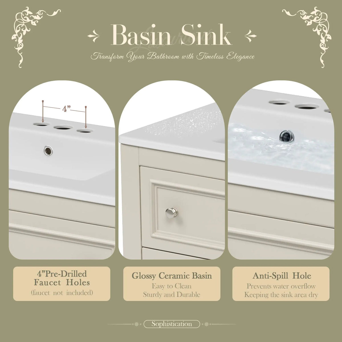 36 Inch Bathroom Vanity With Undermount Sink | 4 Extension Drawers | Solid Wood Frame | Ceramic Sink