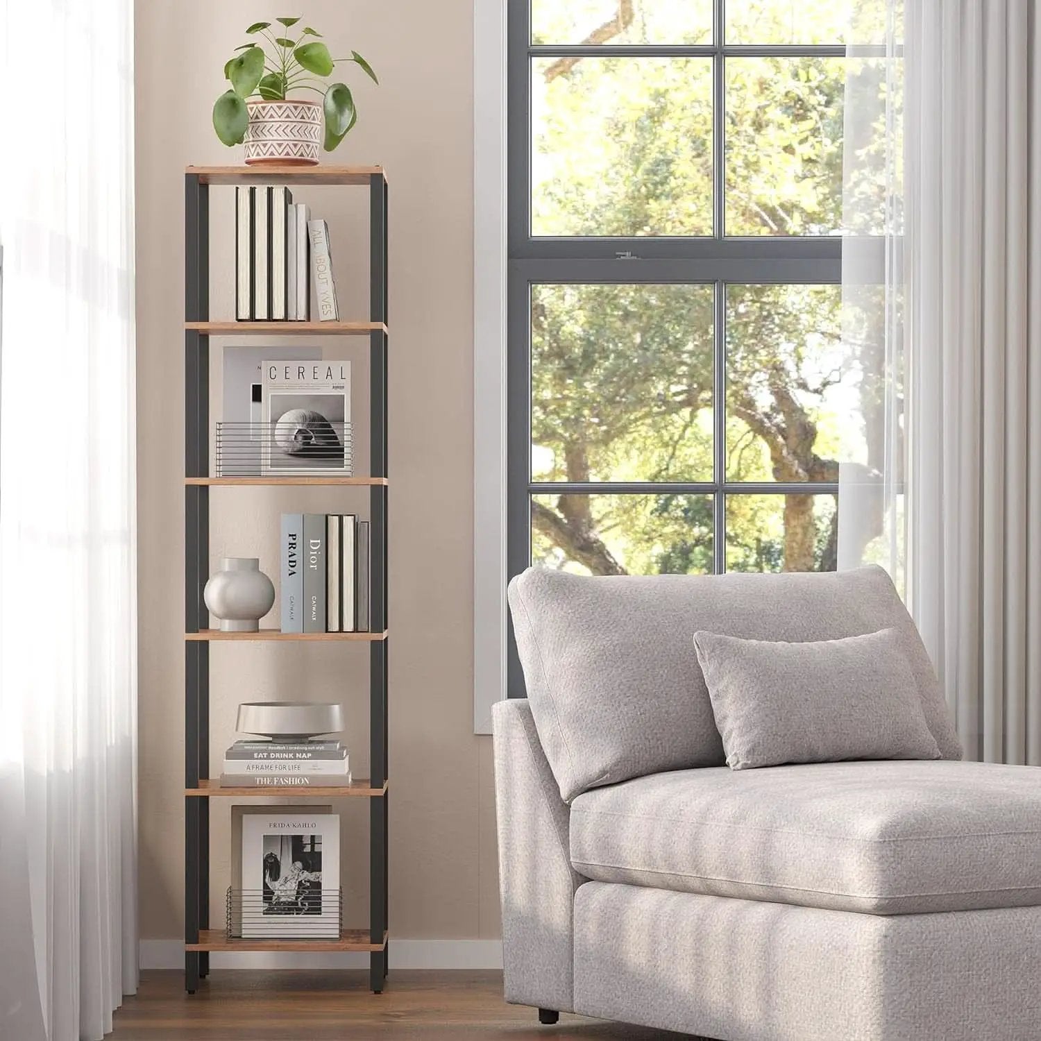 Six Tier Tall Bookshelf Narrow Rustic Brown Bookcase from PriceLows™