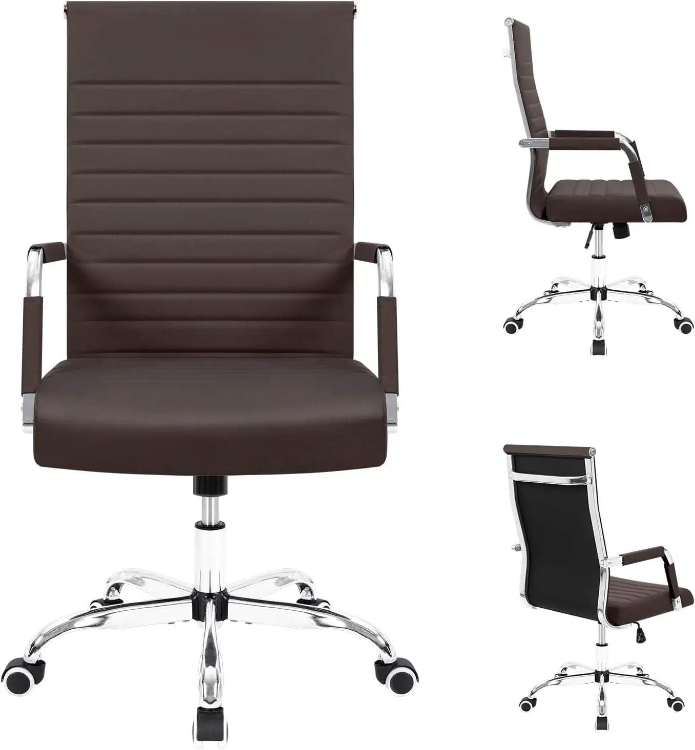 Ribbed PU Leather Office Chair With Arms Brown Adjustable from PriceLows™