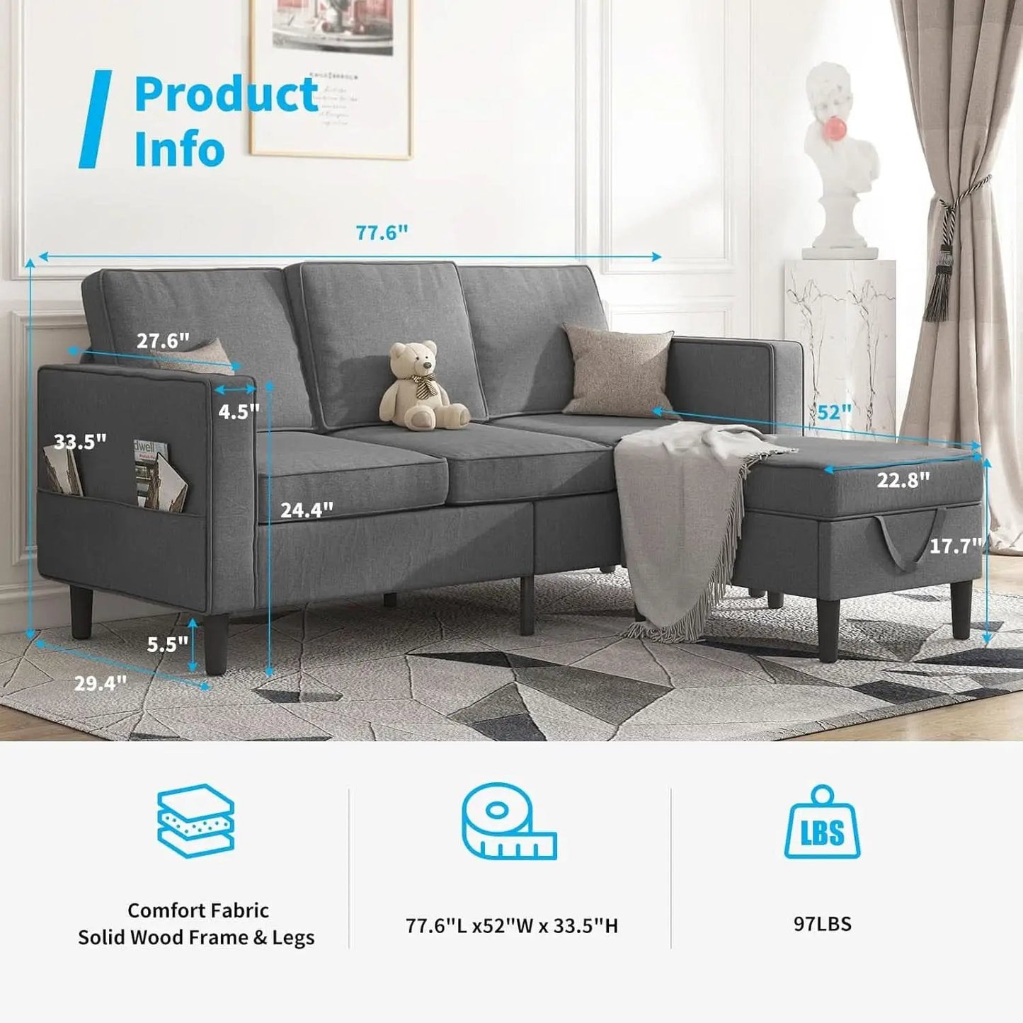 Dark Grey Convertible Sectional Sofa With Storage Ottoman from PriceLows™