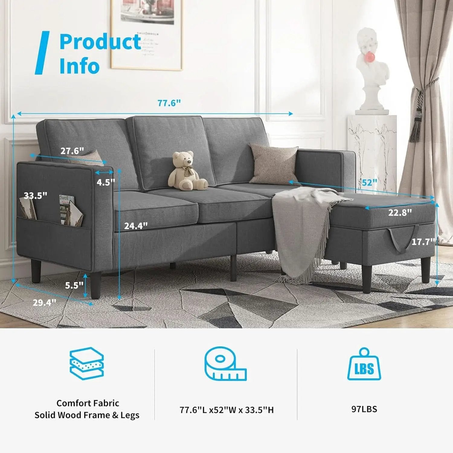 Dark Grey Convertible Sectional Sofa With Storage Ottoman from PriceLows™