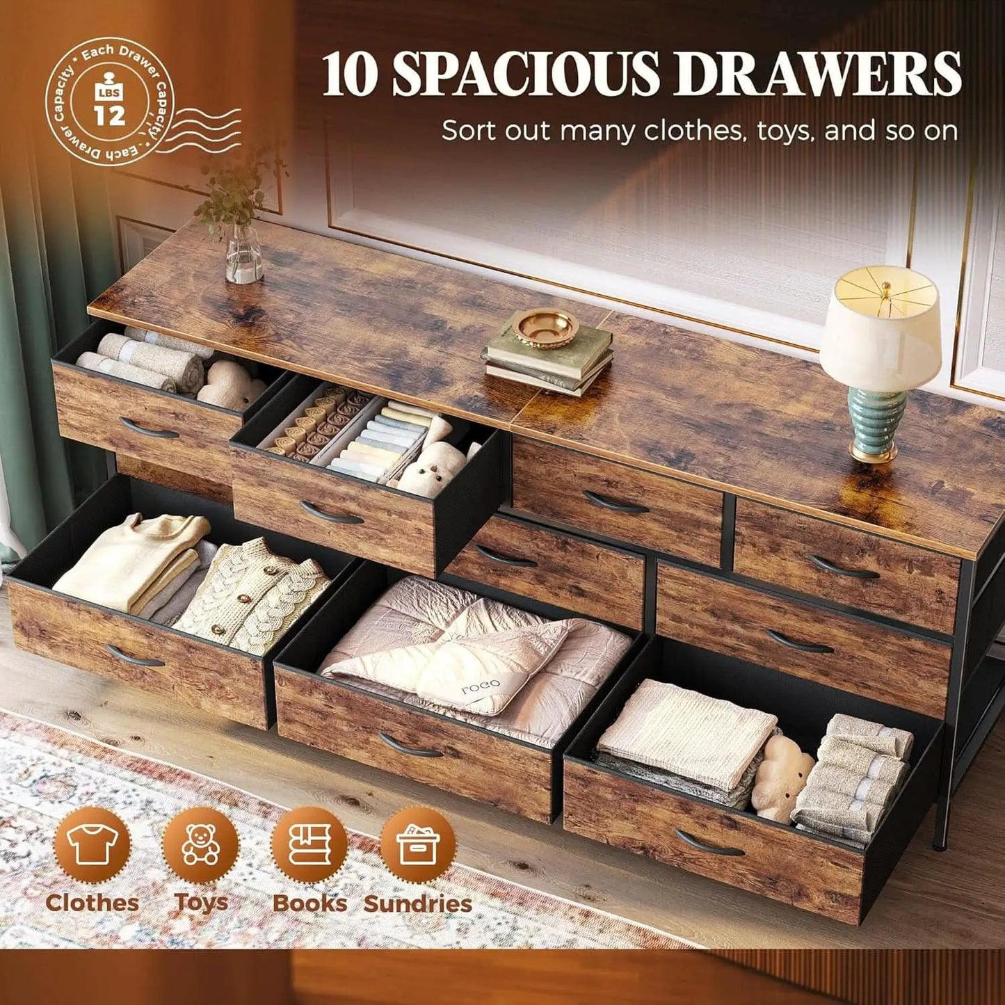 63 Inch Dresser With Durable Fabric Drawers In Rustic Brown from PriceLows™