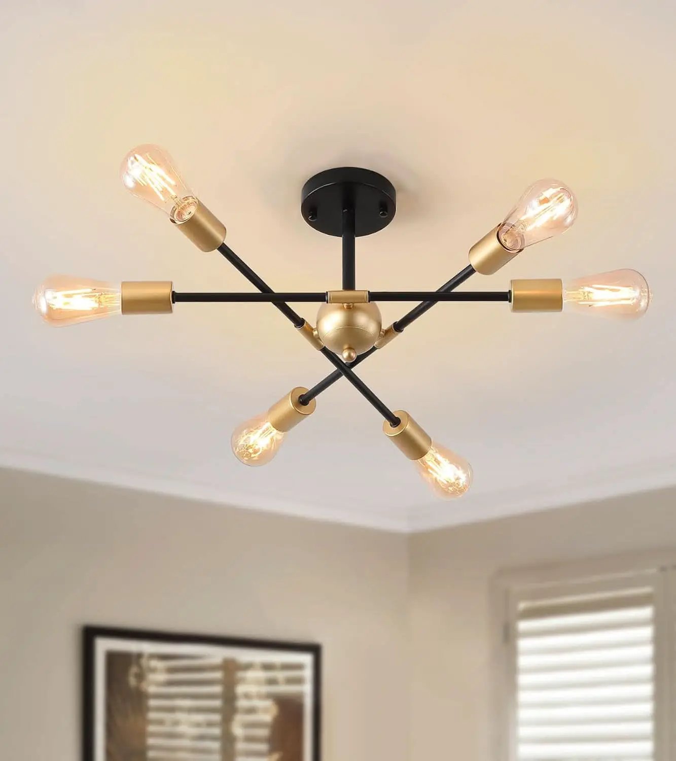 Black And Gold 6 Light Sputnik Ceiling Chandelier Semi Flush Mount UL Listed from PriceLows™