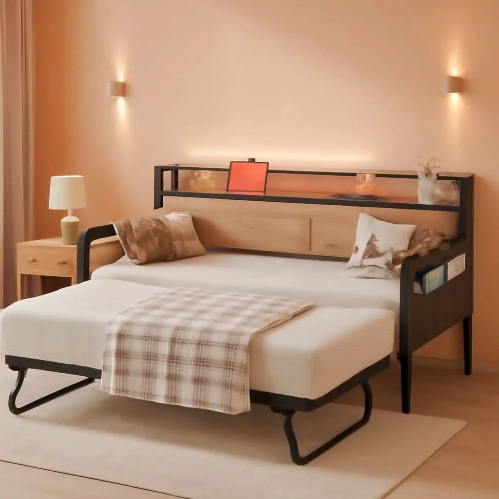 Twin Daybed With Trundle And Charging Station In Natural Wood from PriceLows™