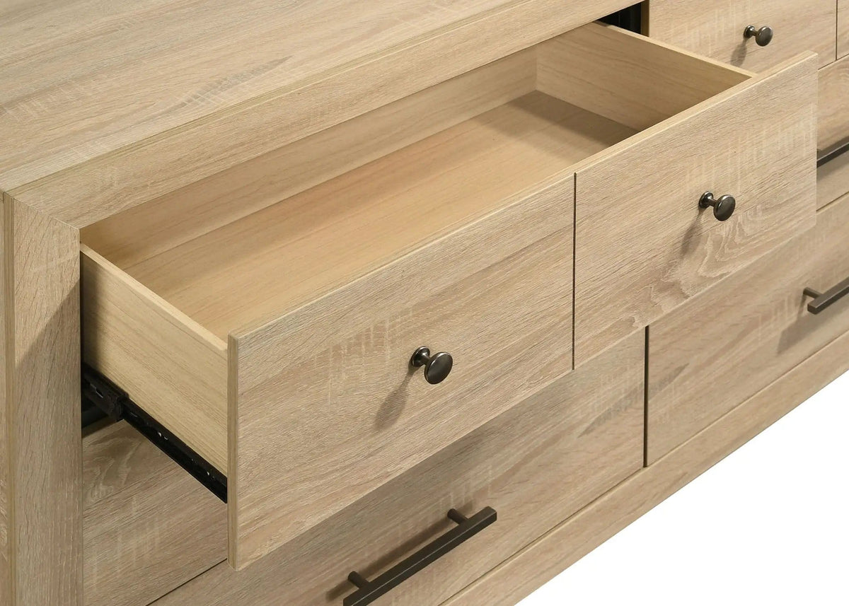 Arielle 6-drawer Bedroom Dresser Cabinet | 61 x 17.25 x 33.75 in | Engineered Wood & Metal | Light Oak