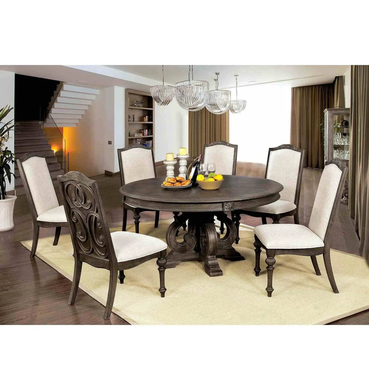 Round Dining Set | 7-Piece | Rustic Style | Pedestal Base Table With Side Chairs