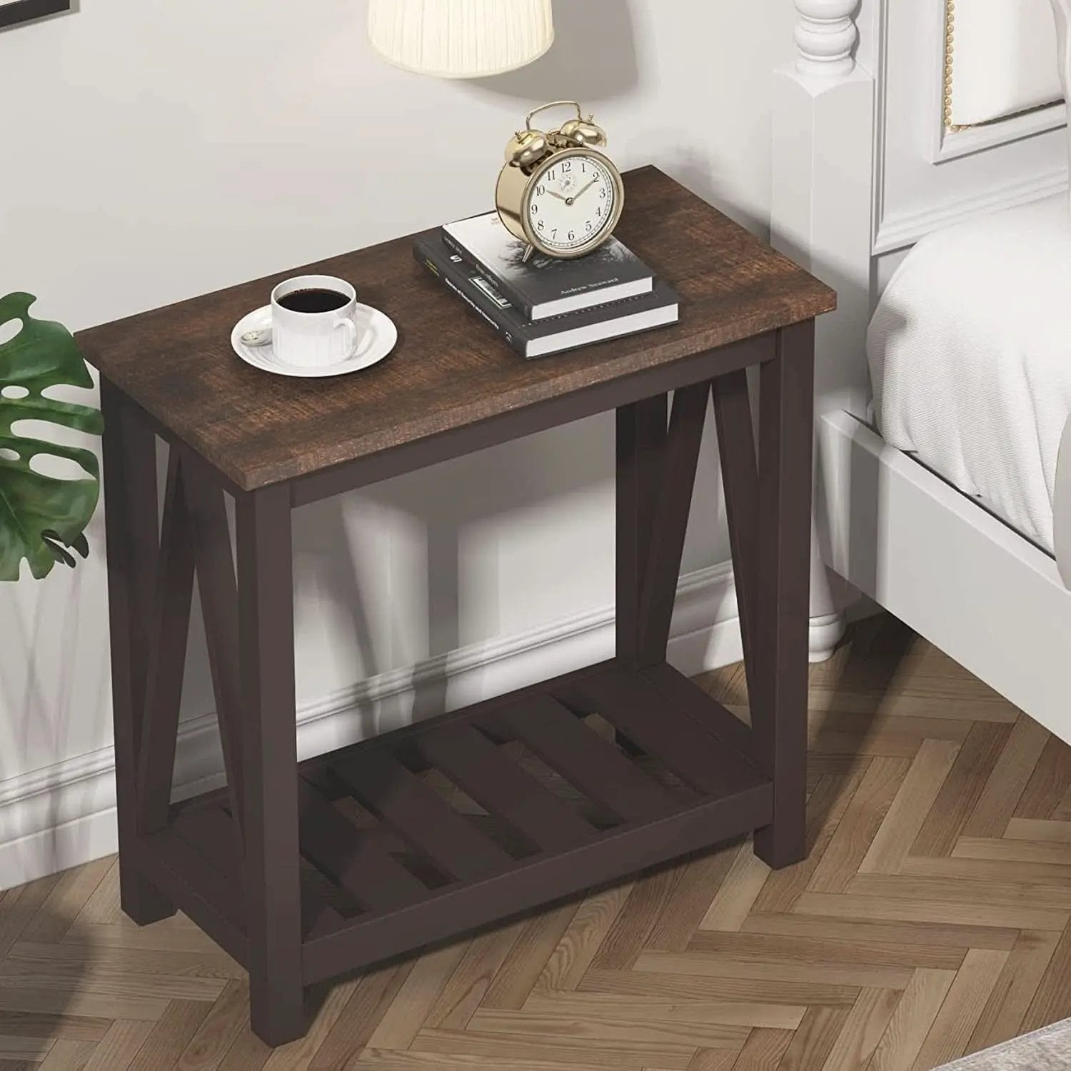 Espresso Narrow End Table With Shelf 23.6 Inch Rustic from PriceLows™