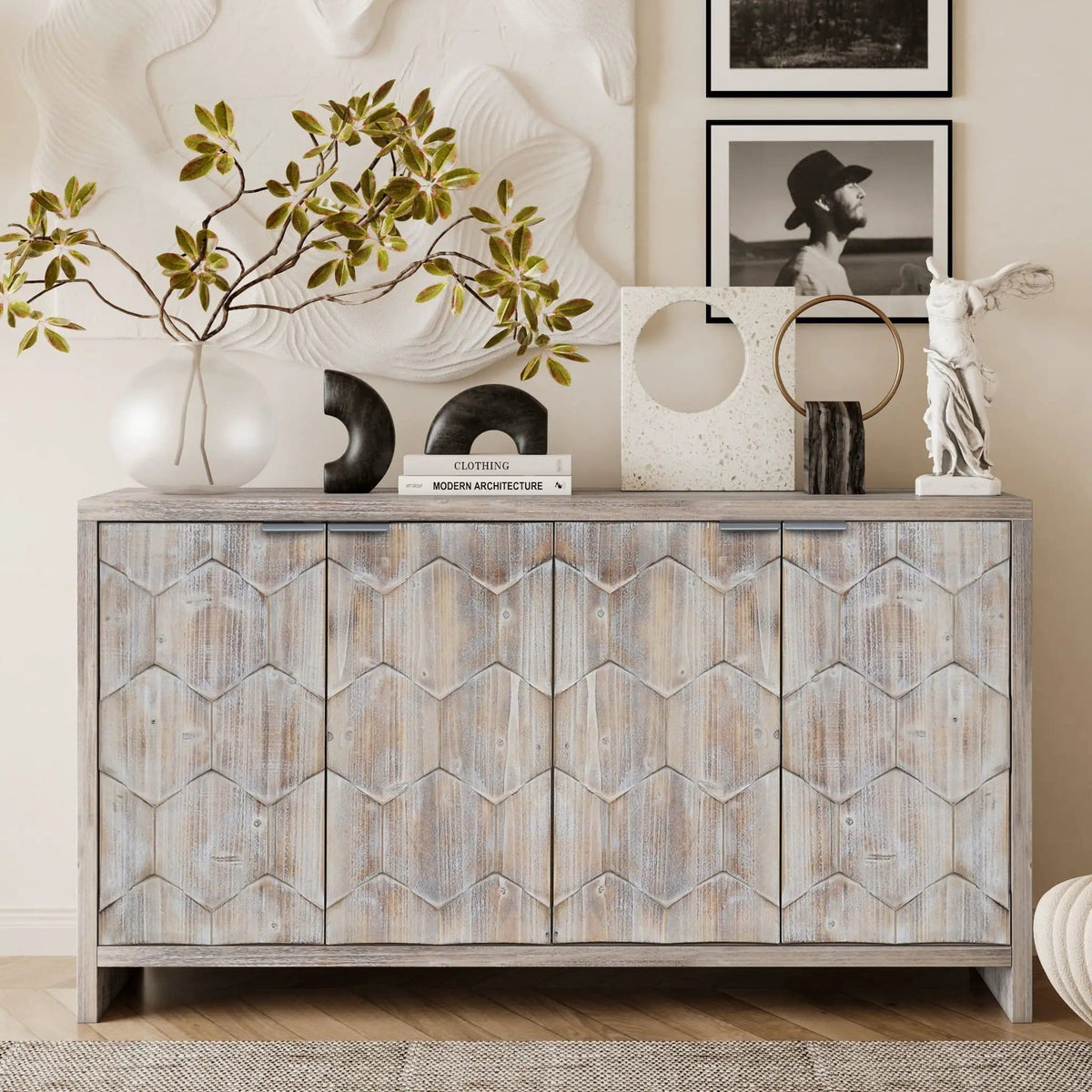 Accent Cabinet Farmhouse Style 4 Door Wooden Cabinet Sideboard Buffet Server Cabinet | 59.84 x 15.7 x 31.49 in | Metal & Wood | Dining Room