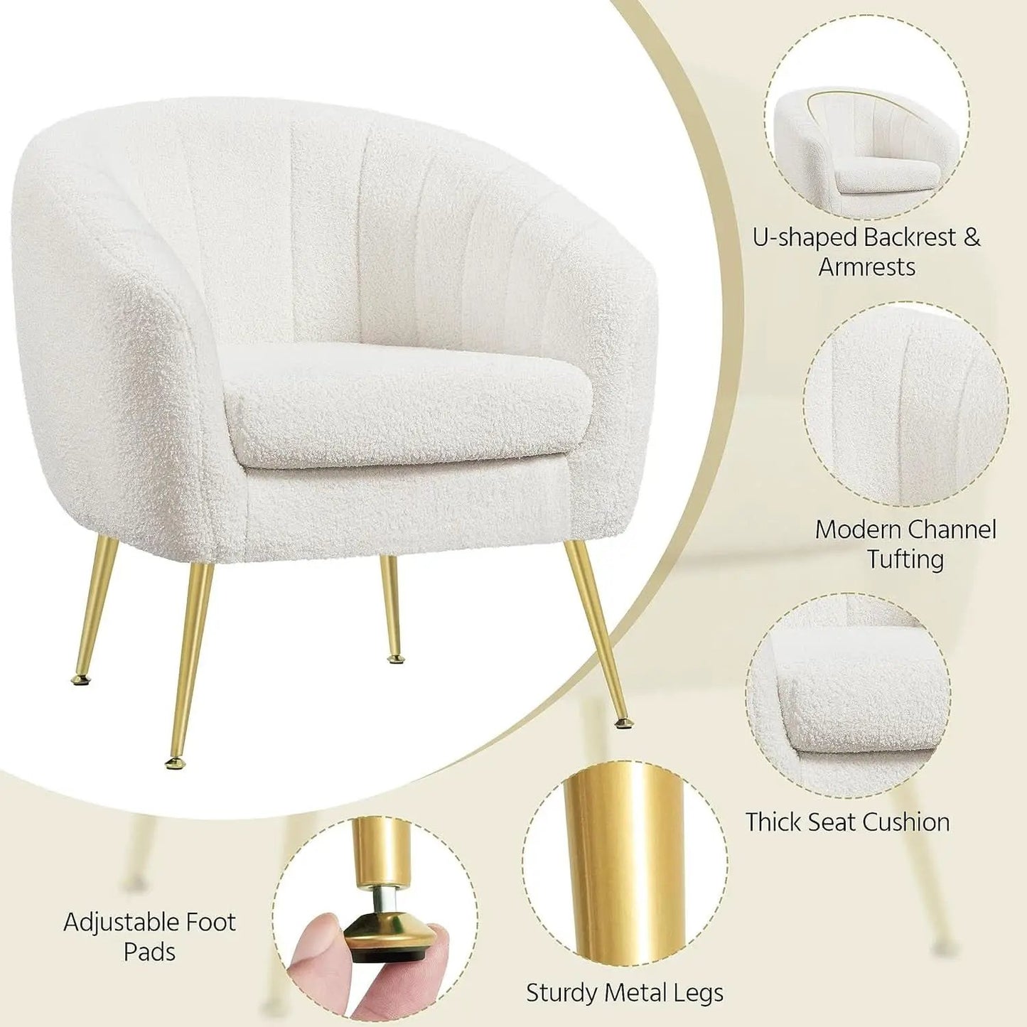 Ivory Boucle Upholstered Accent Chair Removable Cushion from PriceLows™