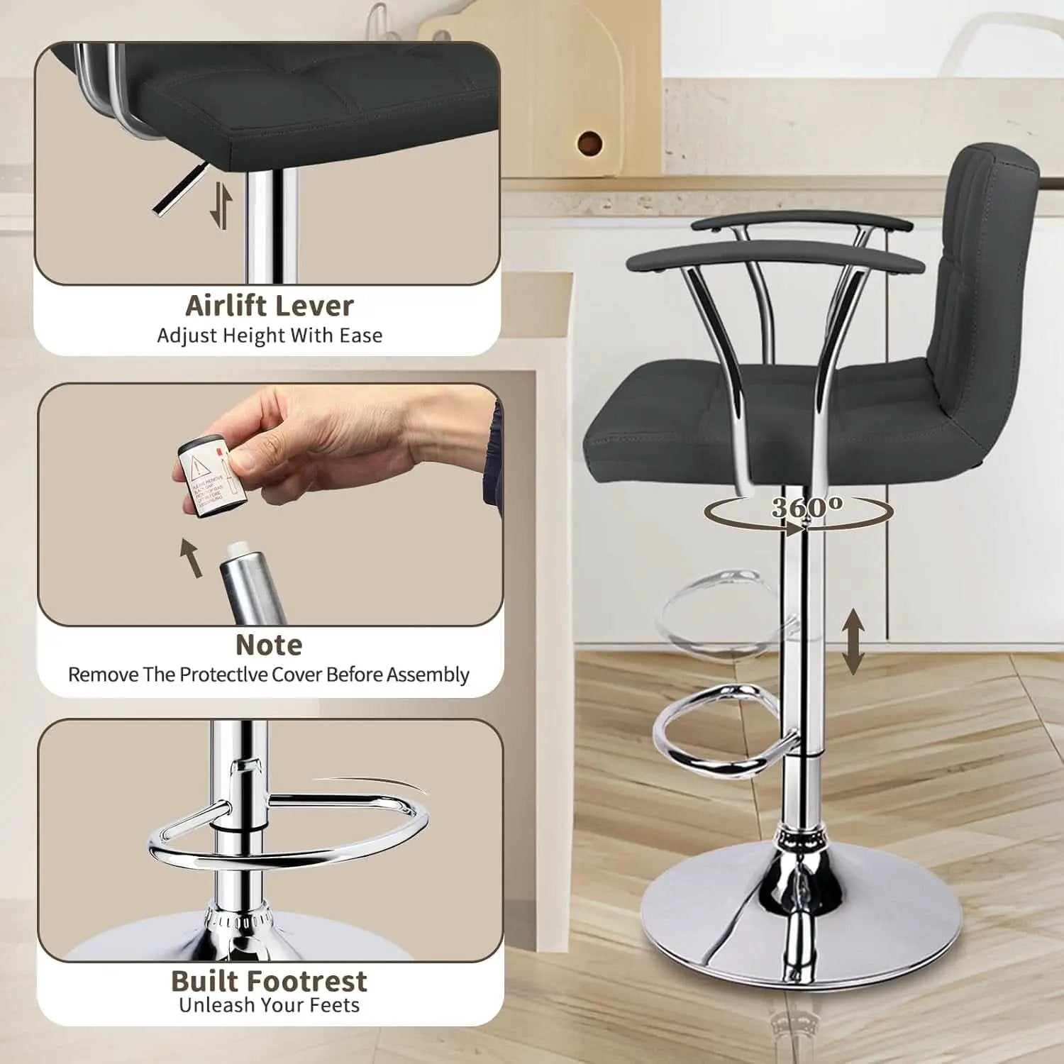 Two Adjustable Swivel Bar Stools With Back Grey PU Leather from PriceLows™