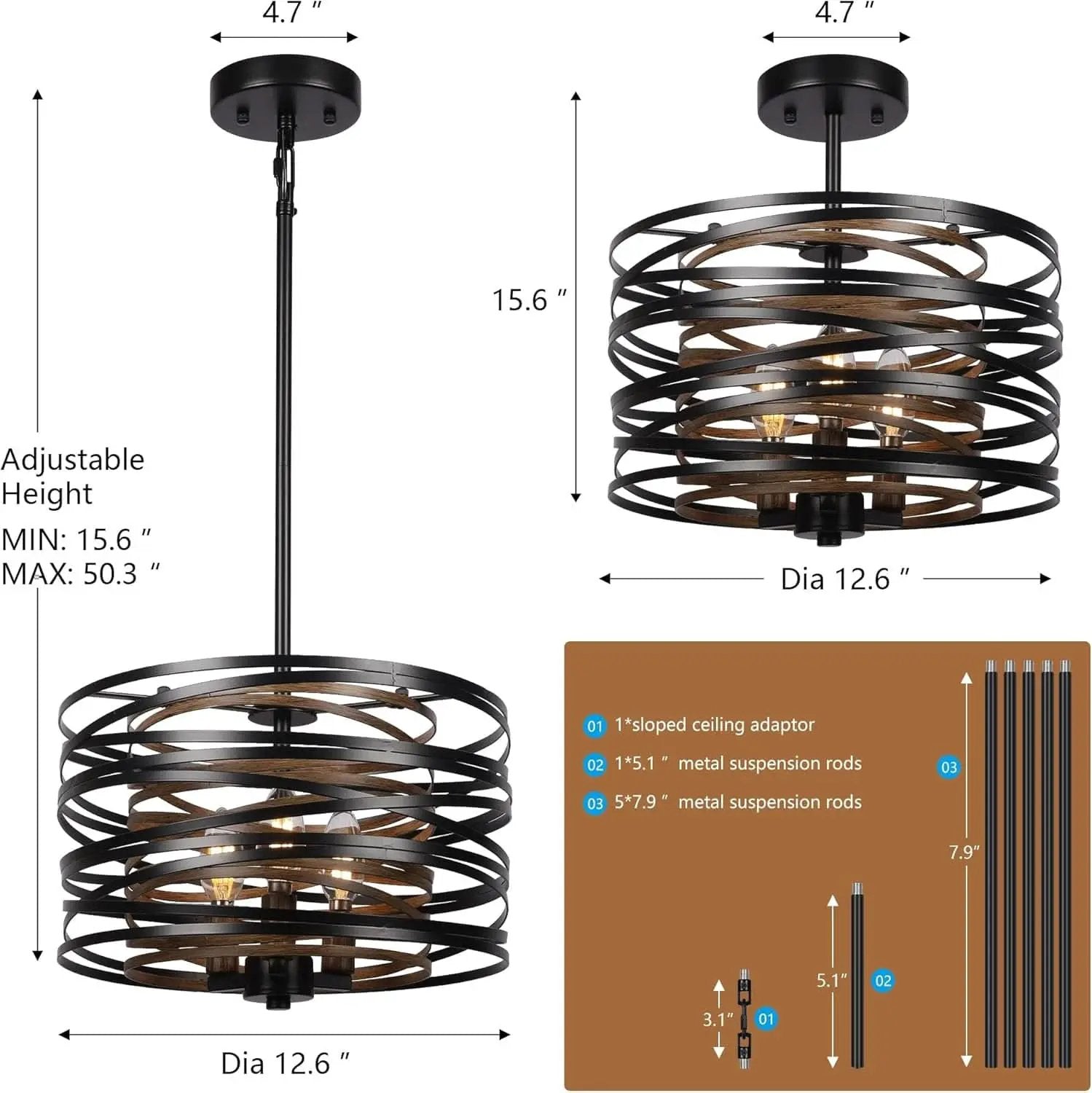12.6 Rustic Farmhouse Three Light Drum Chandelier Black from PriceLows™