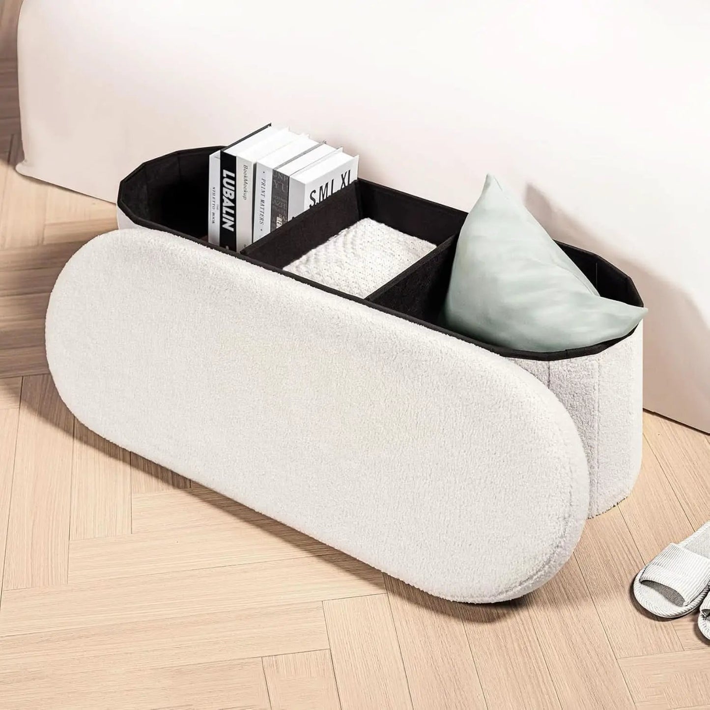 Sherpa Lined Folding Storage Ottoman 43.3 Inch White from PriceLows™