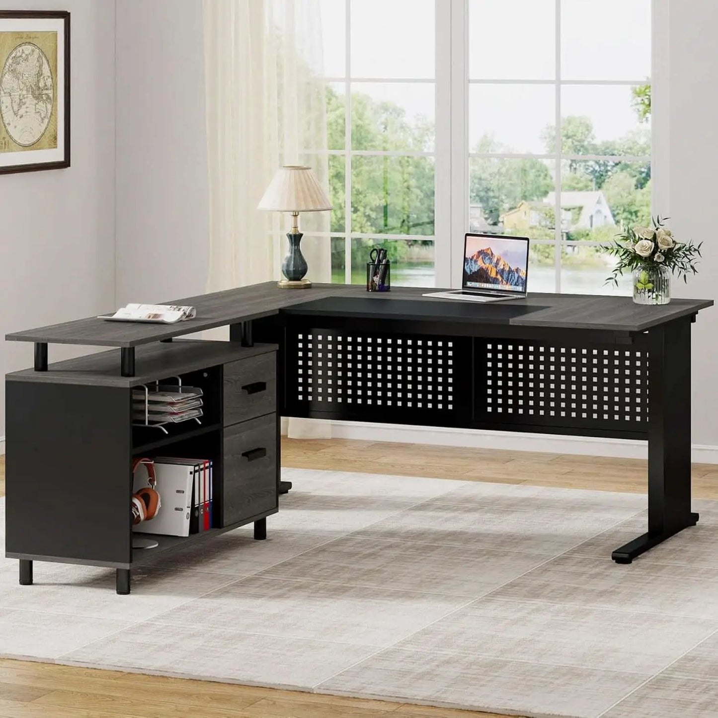 63 Inch Executive Desk With Integrated Cabinet Gray from PriceLows™