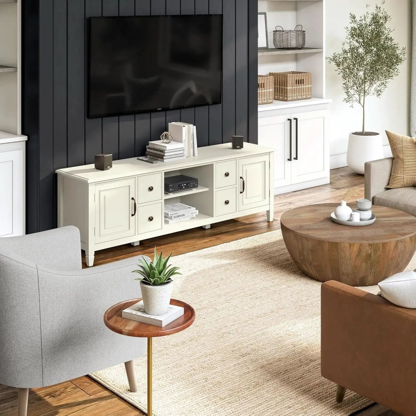 72 Inch Wide Solid Wood TV Stand Antique White With Storage from PriceLows™