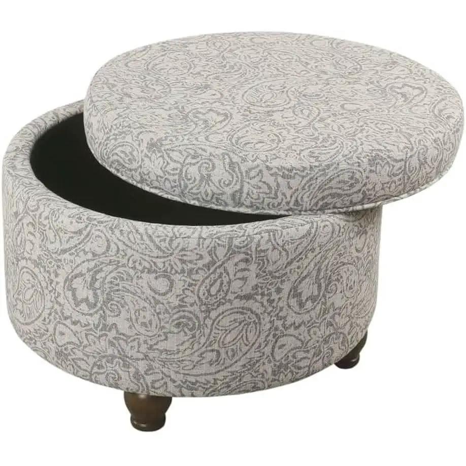 Gray Floral Storage Ottoman Large Round For Living Room from PriceLows™