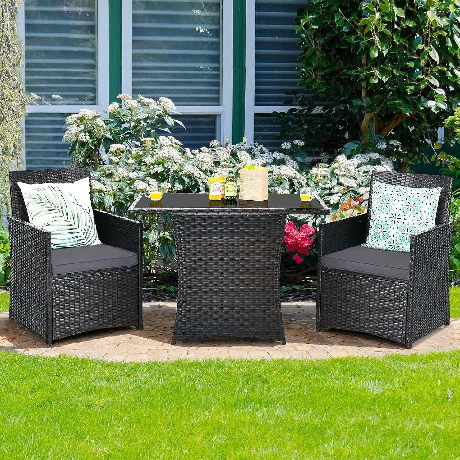Gray 3 Piece Patio Dining Set With Tempered Glass Table For Outdoor Garden Poolside And Porch from PriceLows™