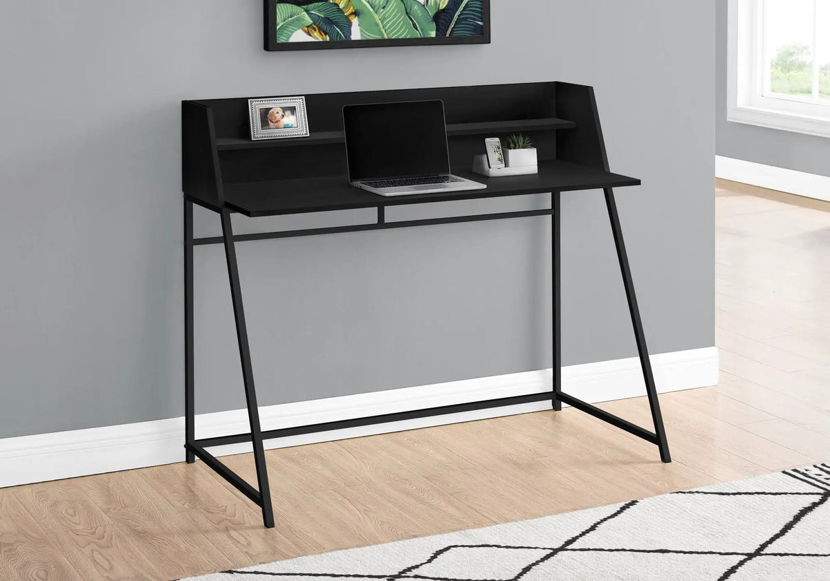 Marble Look Computer Desk | 47.25 Inch Width | Storage Shelves | Trapezoid Metal Base