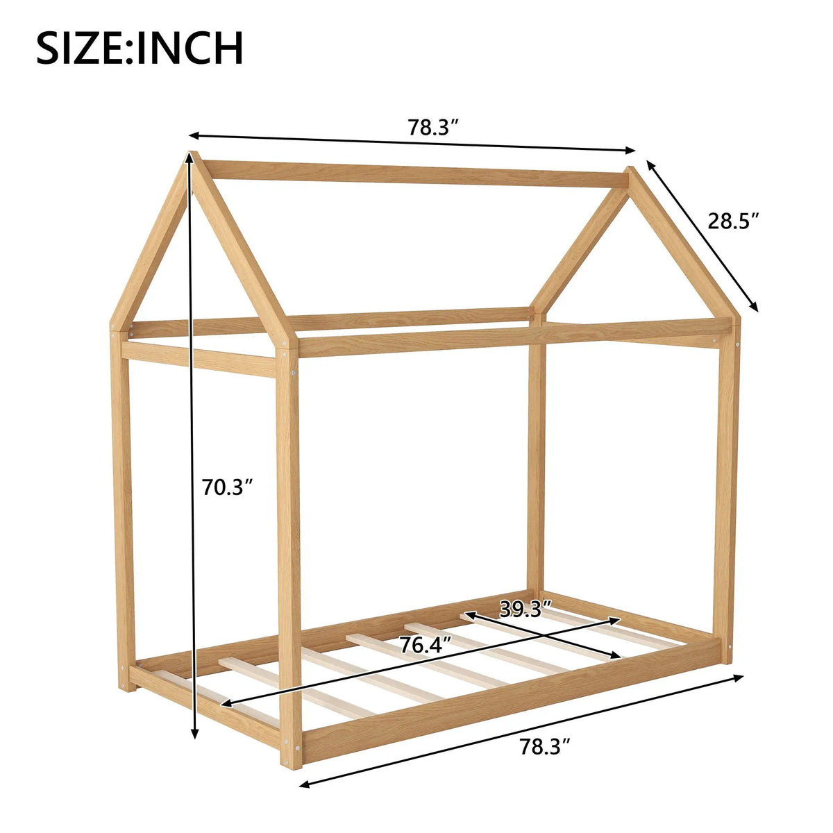 Wooden House Shaped Bed | Roof-Like Structure | Low Profile Design | 78.3 Inch Length