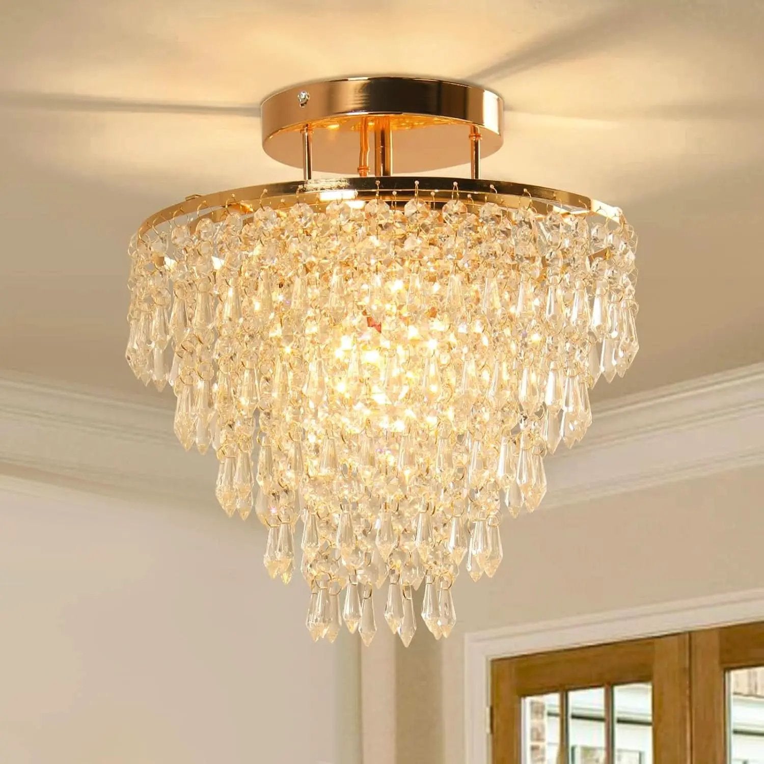 Gold Crystal Flush Mount Chandelier 30cm Ceiling Light from PriceLows™