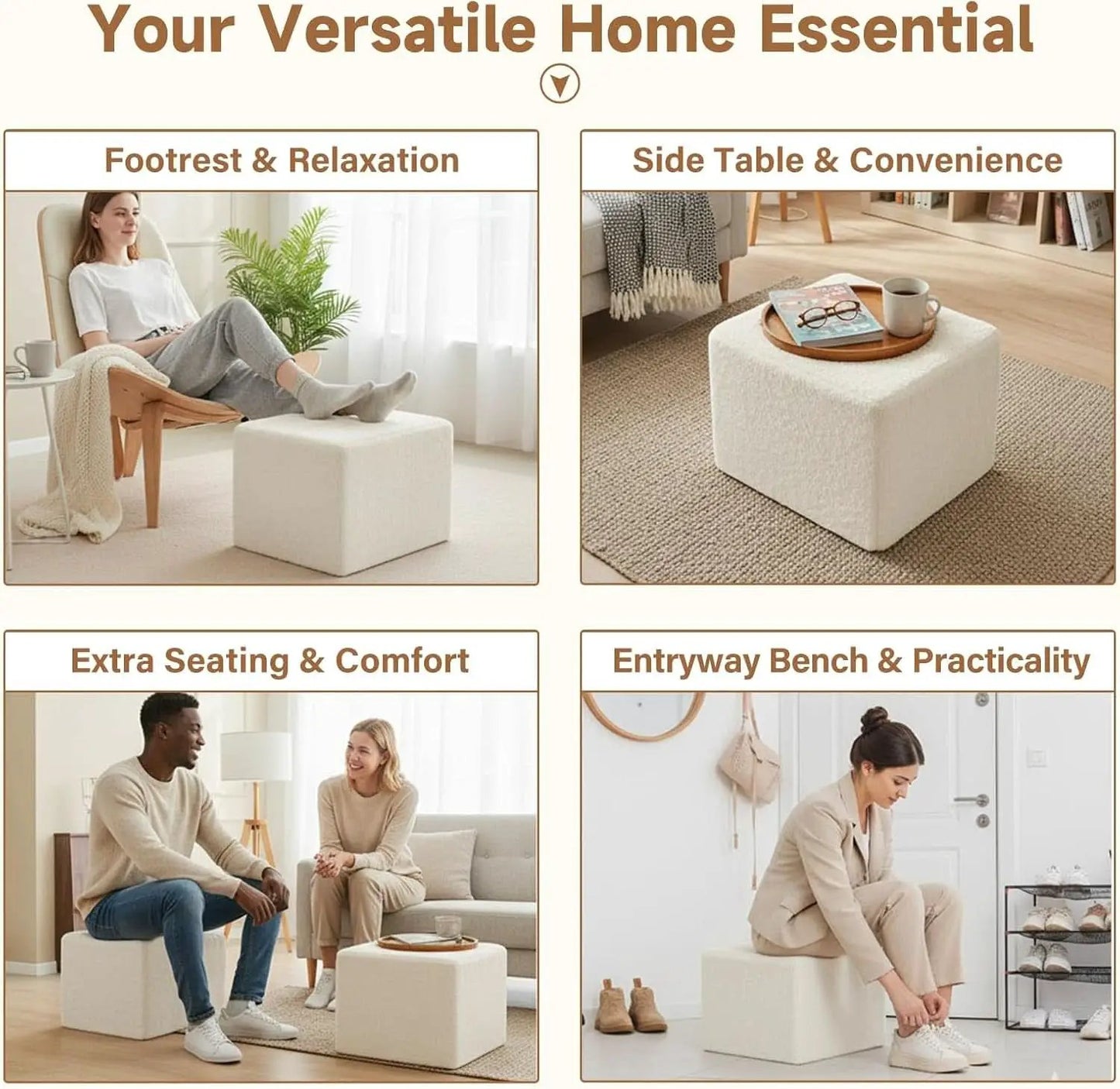 Cream Square Luxurious Upholstered Foam Pouf Ottoman from PriceLows™