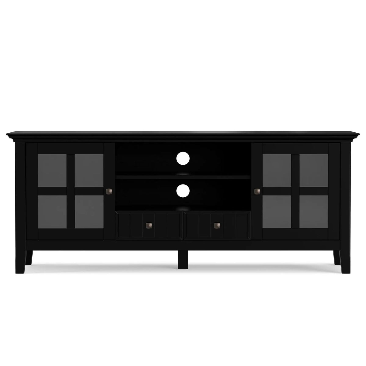 Acadian TV Media Stand | Handcrafted Solid Wood | 2 Bottom Drawers | Tempered Glass Side Cabinets
