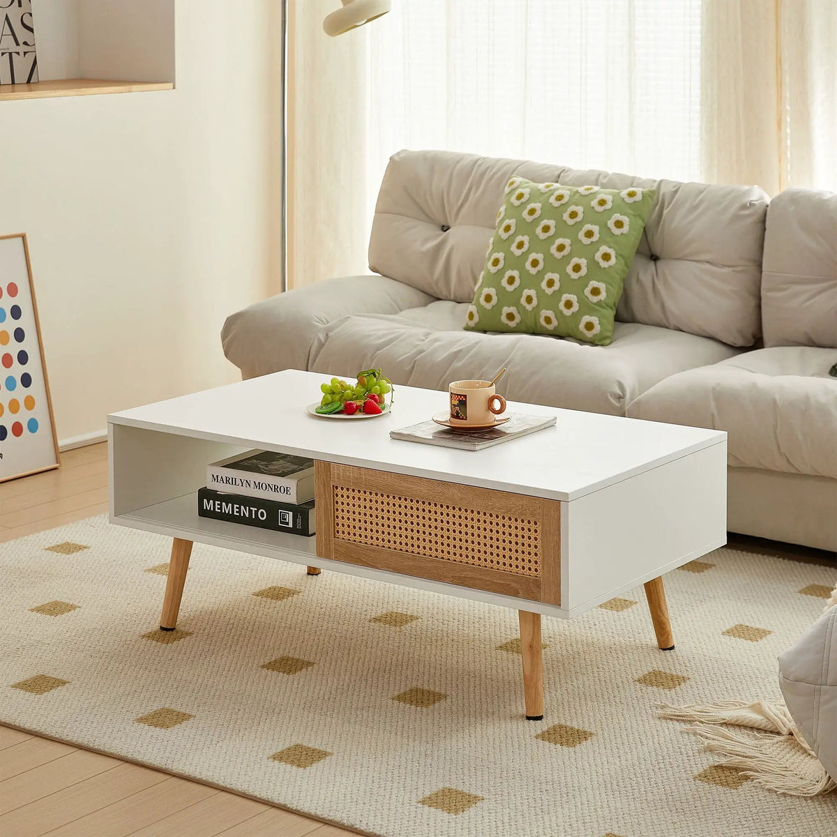 Rattan Coffee Table | 41.34 Inch Width | Sliding Storage Door | Solid Wood Legs