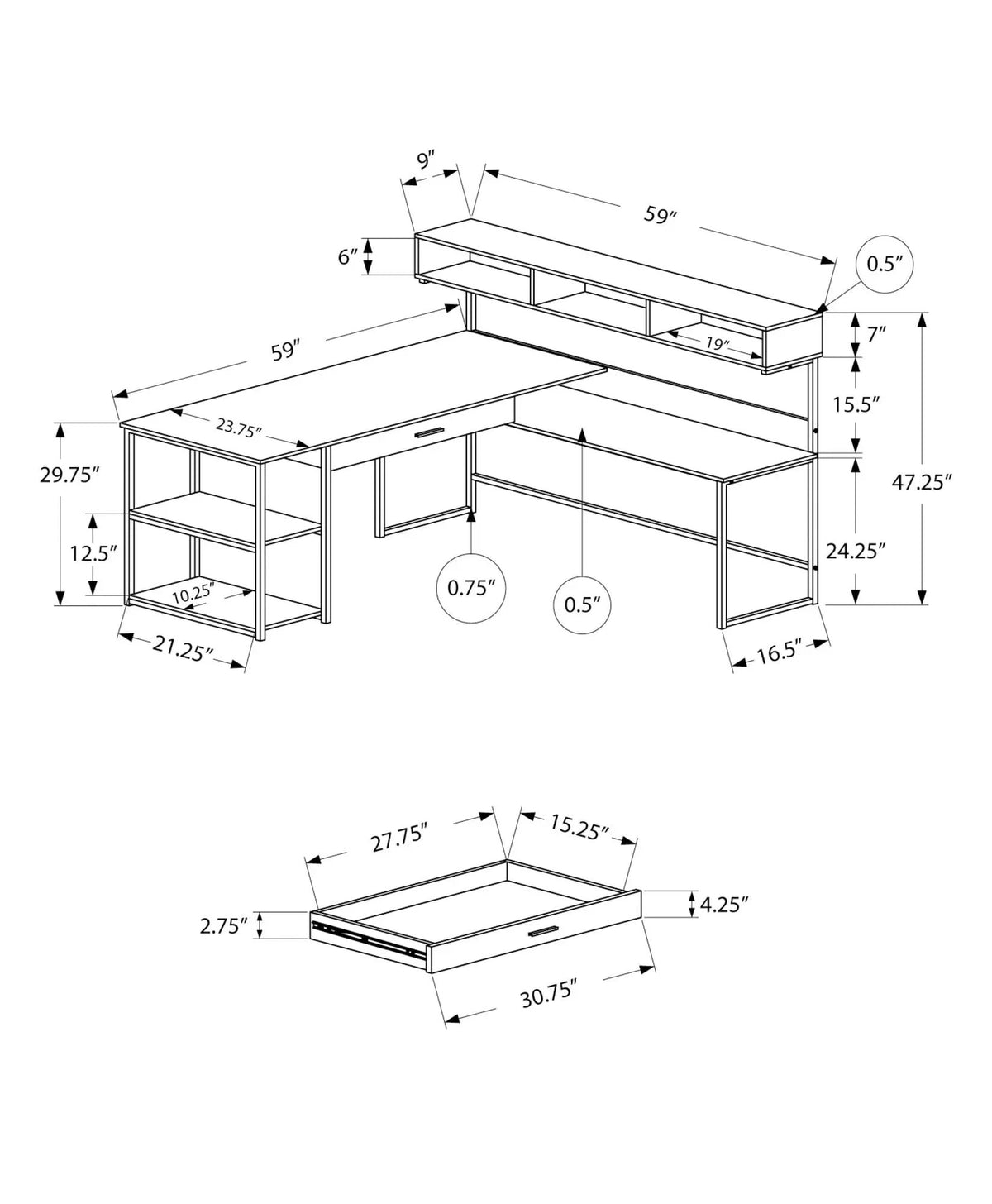 L-Shaped Corner Computer Desk With Shelves | 59 Inch Width | 2 Open Shelves | Split Worksurface
