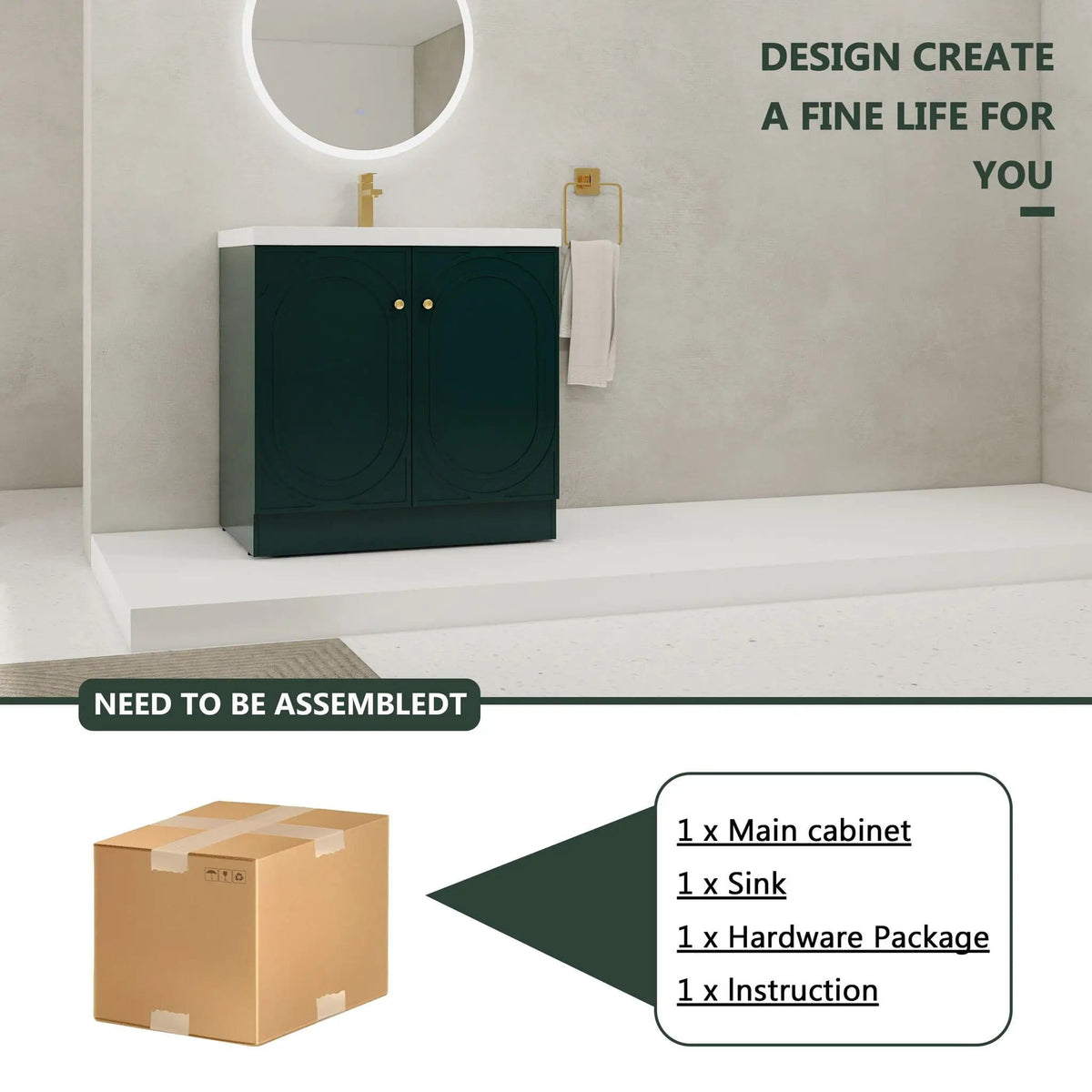 Contemporary Freestanding Bathroom Vanity With Resin Sink & Soft-Close Cabinet Doors | 7 Pieces | Stainless Steel & Plywood | Bathroom