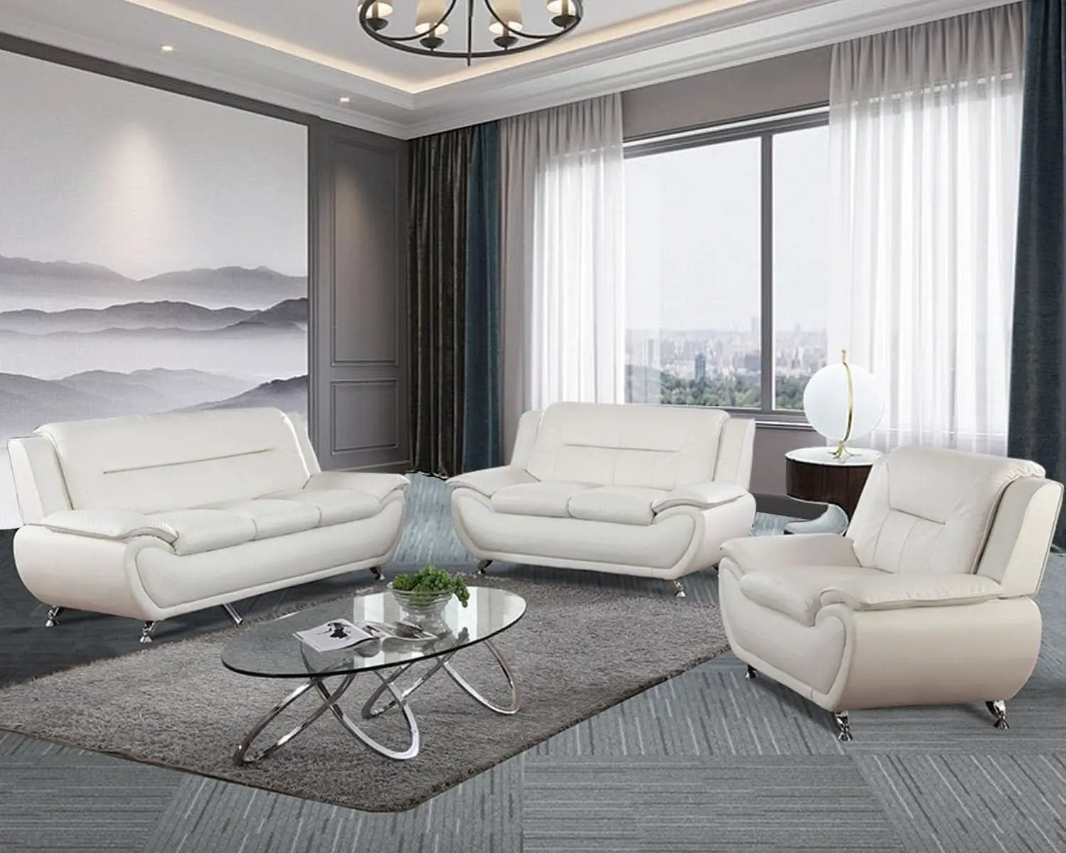 Leather 3 Piece Living Room Set Cream White With 3 Seater Sofa Loveseat And Armchair from PriceLows™
