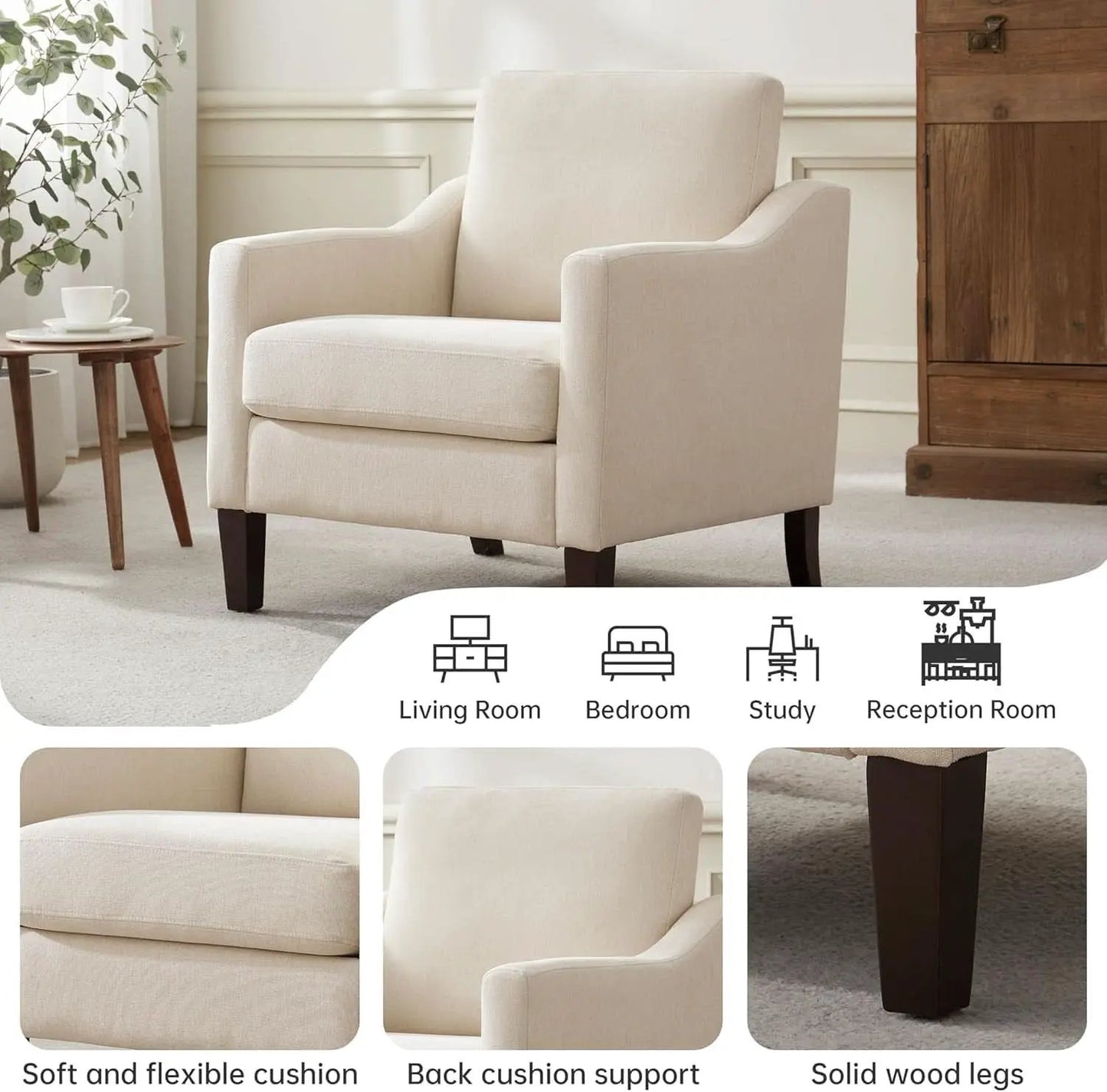 Beige Upholstered Mid Century Modern Accent Armchair from PriceLows™