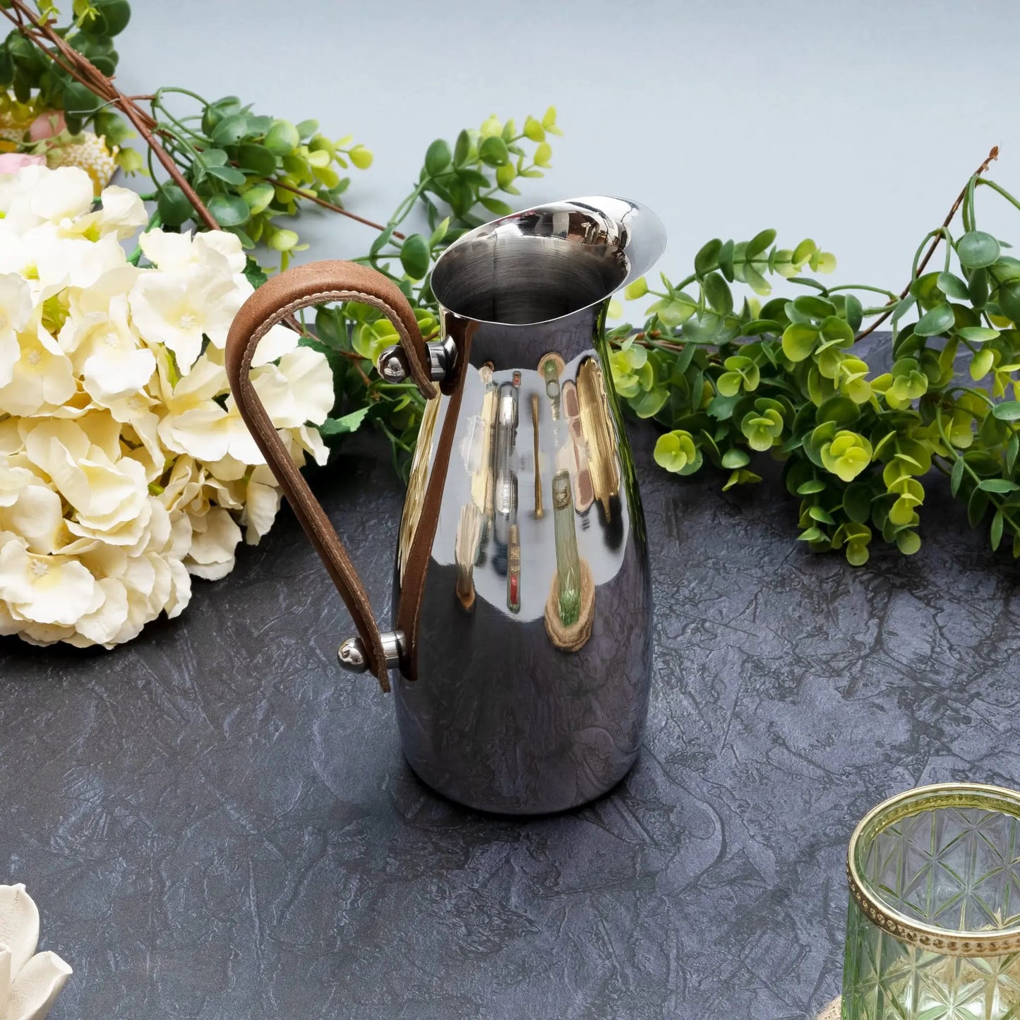Silver Stainless Steel Water Pitcher, Leather Handle from PriceLows™