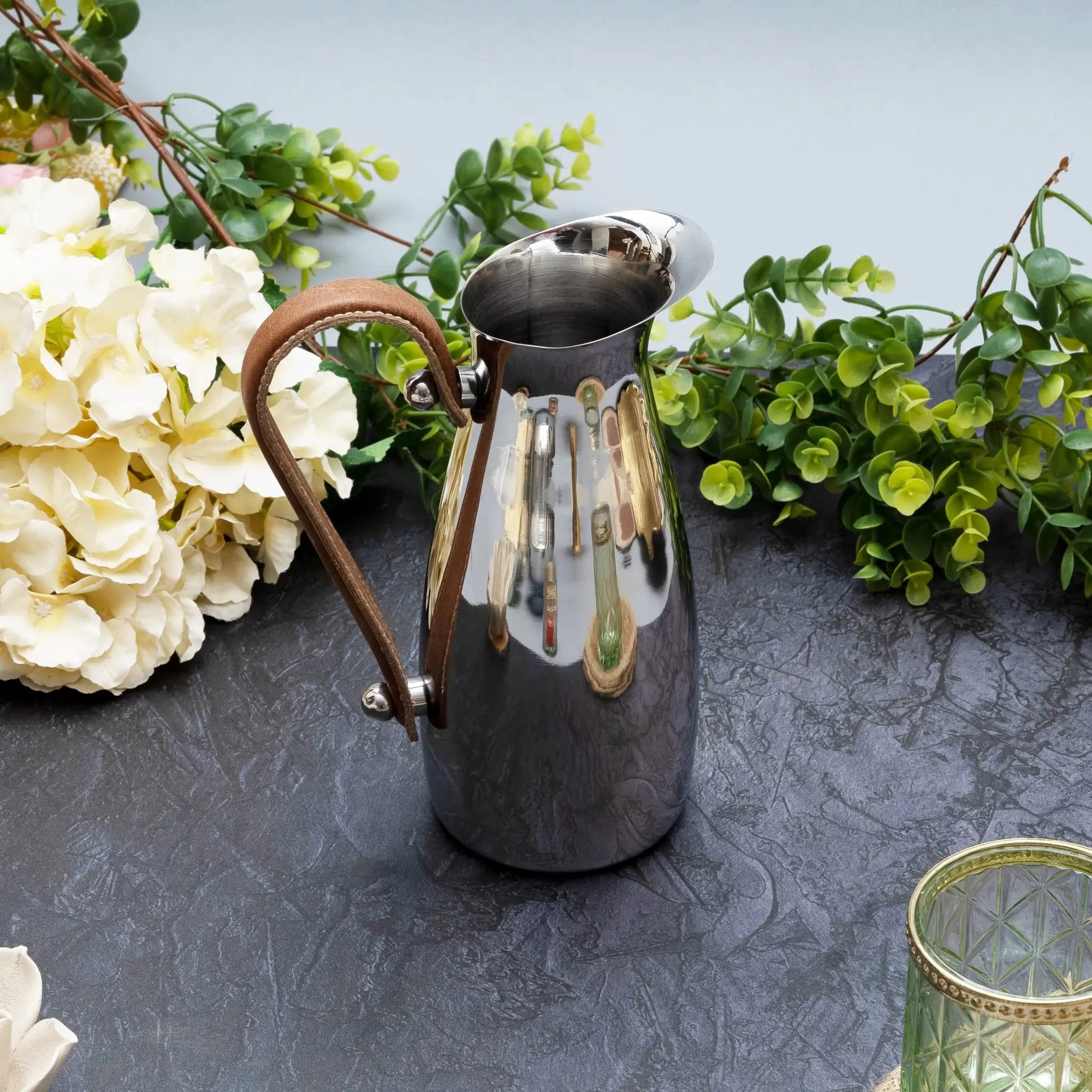 Silver Stainless Steel Water Pitcher, Leather Handle from PriceLows™